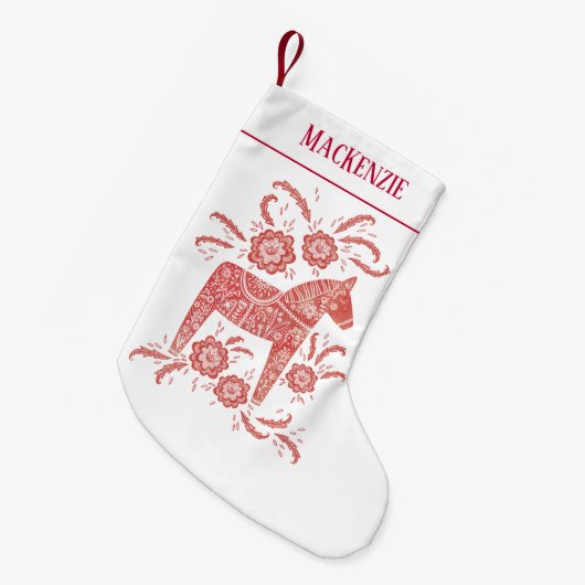 Zweeds Dala Horse Folk Art - Gepersonaliseerd rood Kleine Kerstsok (Voorkant (Hangend))