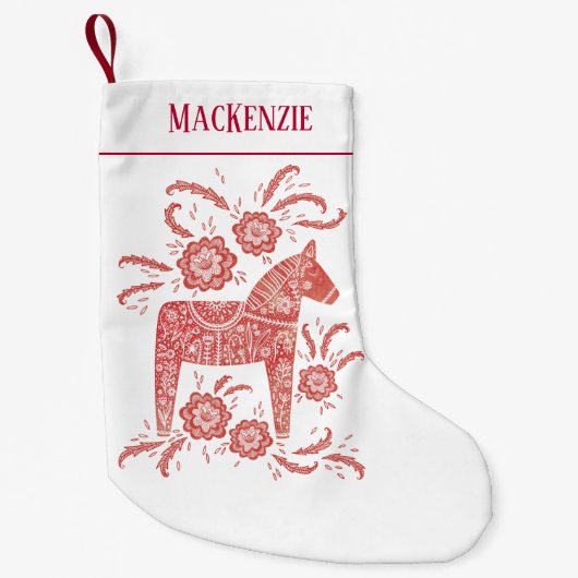 Zweeds Dala Horse Folk Art - Gepersonaliseerd rood Kleine Kerstsok (Voorkant)