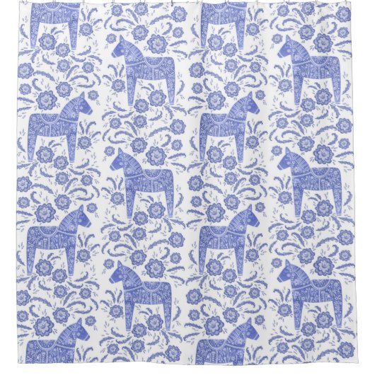 Zweeds Dala Horse Fresh Blue en White Douchegordijn (Voorkant)