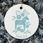 Zweeds Dala Horse God Jul Blauwgroen White Keramisch Ornament<br><div class="desc">Festive blauwgroen groen en wit schilderij van een Zweeds Dala Horse. Verander of verwijder de groet van God jul om aan te passen. Originele kunst van Nic Squirrell.</div>