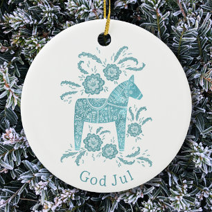 Zweeds Dala Horse God Jul Blauwgroen White Keramisch Ornament