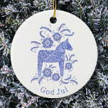 Zweeds Dala Horse God Jul Blue White Keramisch Ornament<br><div class="desc">Festief blauw en wit schilderij van een Zweeds Dala Horse. Verander of verwijder de groet van God jul om aan te passen. Originele kunst van Nic Squirrell.</div>