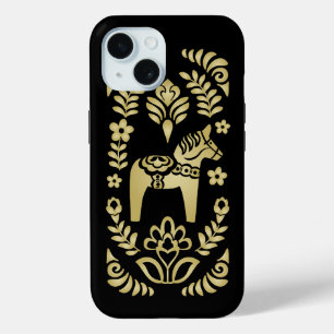 Zweeds Dala Horse Goud en Zwart iPhone 15 Case