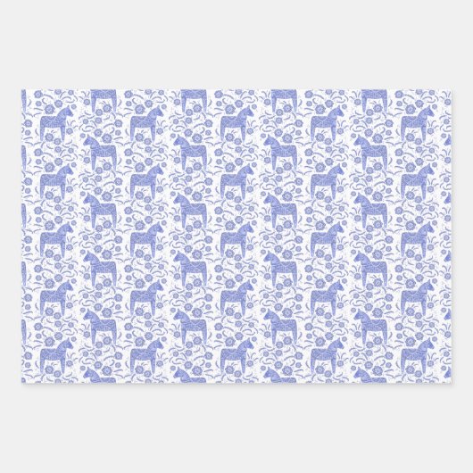 Zweeds Dala Horse Indigo Blue en White Folk Art Inpakpapier Vel (Voorkant)
