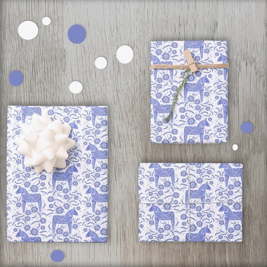 Zweeds Dala Horse Indigo Blue en White Folk Art Inpakpapier Vel