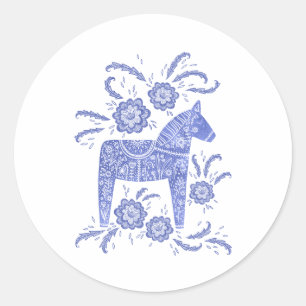 Zweeds Dala Horse Indigo Blue en White Ronde Sticker