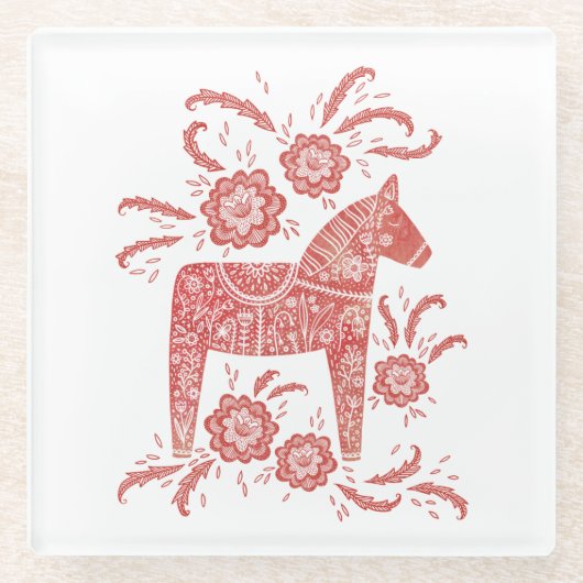 Zweeds Dala Horse Red en White Glazen Onderzetter (Voorkant)