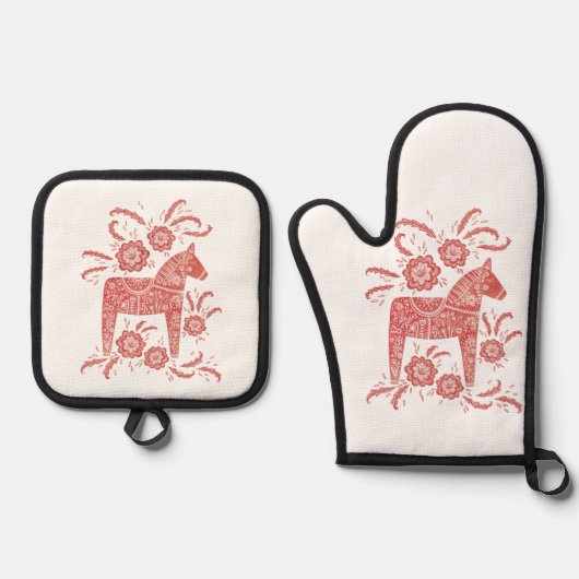 Zweeds Dala Horse Red en White Ovenwant & Pannenlap Set (Voorkant)
