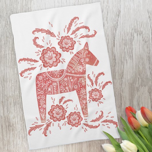 Zweeds Dala Horse Red en White Theedoek