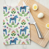 Zweeds Dala Horses Blue Theedoek (Quarter Fold)