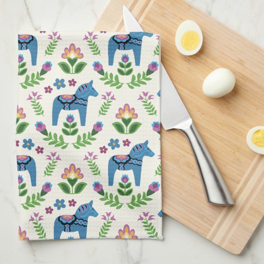 Zweeds Dala Horses Blue Theedoek (Quarter Fold)