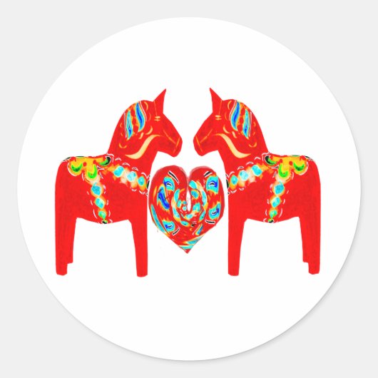 Zweeds Dala Horses w Heart Ronde Sticker (Voorkant)
