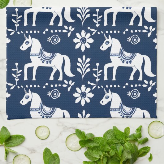 Zweeds Dala Paard Folk Art Patroon Blauw Wit Theedoek (Gevouwen)