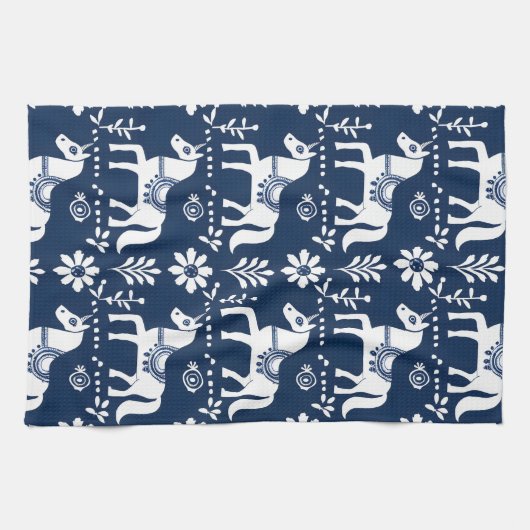 Zweeds Dala Paard Folk Art Patroon Blauw Wit Theedoek (Horizontaal)