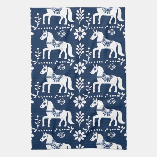 Zweeds Dala Paard Folk Art Patroon Blauw Wit Theedoek (Verticaal)