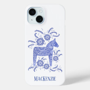 Zweeds Dala Paard Gepersonaliseerd Blauw iPhone 15 Case
