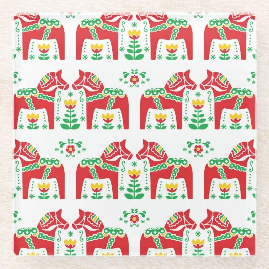 Zweeds Dala Paard: Volkskunst Glazen Onderzetter (Voorkant)