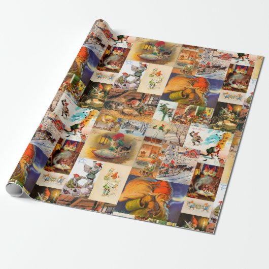  Zweeds Jultomte Gnome Collage Cadeaupapier (Uitgerold)