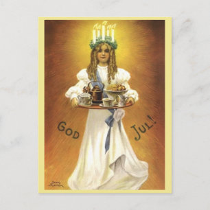 Zweeds kerstmeisje Lit Candle Wreate op kop Briefkaart