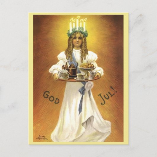 Zweeds kerstmeisje Lit Candle Wreate op kop Briefkaart (Voorkant)