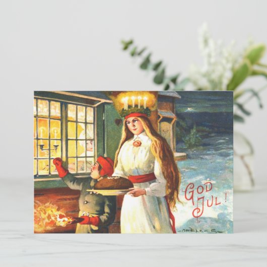 Zweeds  Lucia God Jul Vrolijk Kerstfeest Feestdagenkaart (Staand voorkant)