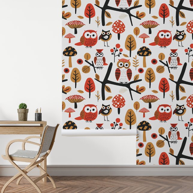 Zweedse Bos Scandinavische Uilen Whimsical Behang (Creator heeft geüpload)