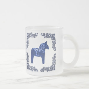 Zweedse Bue Dala Paard met blauw schuifwiel Matglas Koffiemok