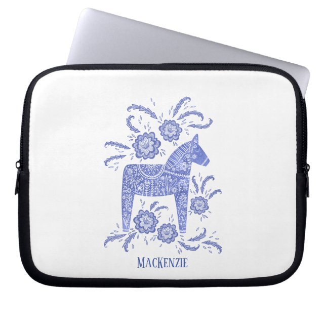 Zweedse Dala Horse - Aangepaste naam Blauwe laptop Sleeve (Voorkant)