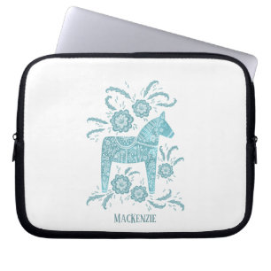 Zweedse Dala Horse - Aangepaste naam Blauwgroen Laptop Sleeve
