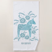 Zweedse Dala Horse Blauwgroen Groene Aangepaste Na Strandlaken (Voorkant)