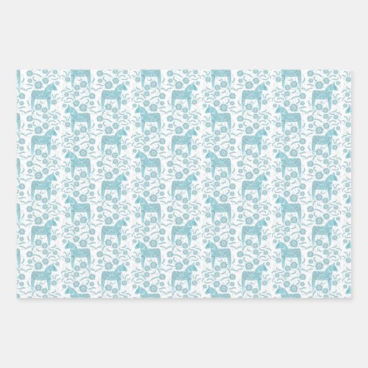 Zweedse Dala Horse Blauwgroen Groene en Witte Folk Inpakpapier Vel (Voorkant)