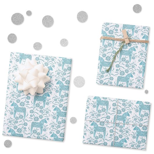 Zweedse Dala Horse Blauwgroen Groene en Witte Folk Inpakpapier Vel