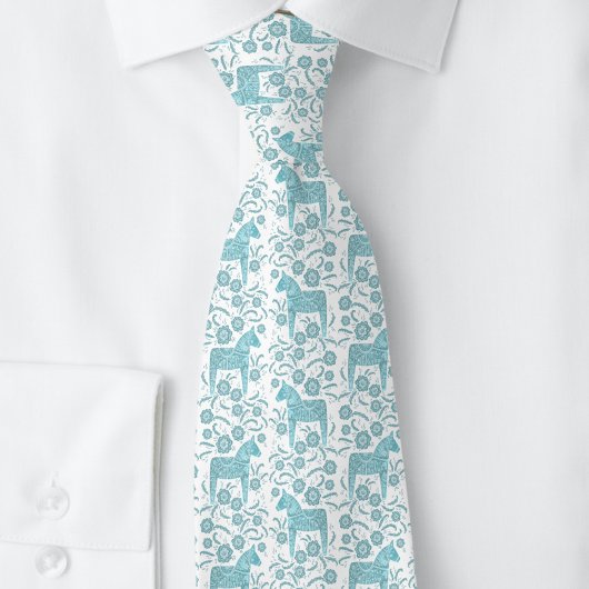 Zweedse Dala Horse Blauwgroen Groene en Witte Folk Stropdas