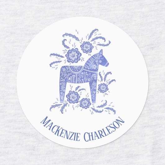 Zweedse Dala Horse Blue en White - Aangepaste naam Labels (Design 1)