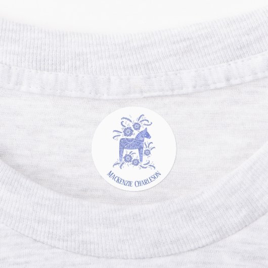Zweedse Dala Horse Blue en White - Aangepaste naam Labels (Aangebracht)