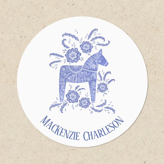 Zweedse Dala Horse Blue en White - Aangepaste naam Labels