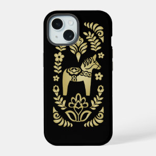 Zweedse Dala Horse Goud en Zwart iPhone 15 Case