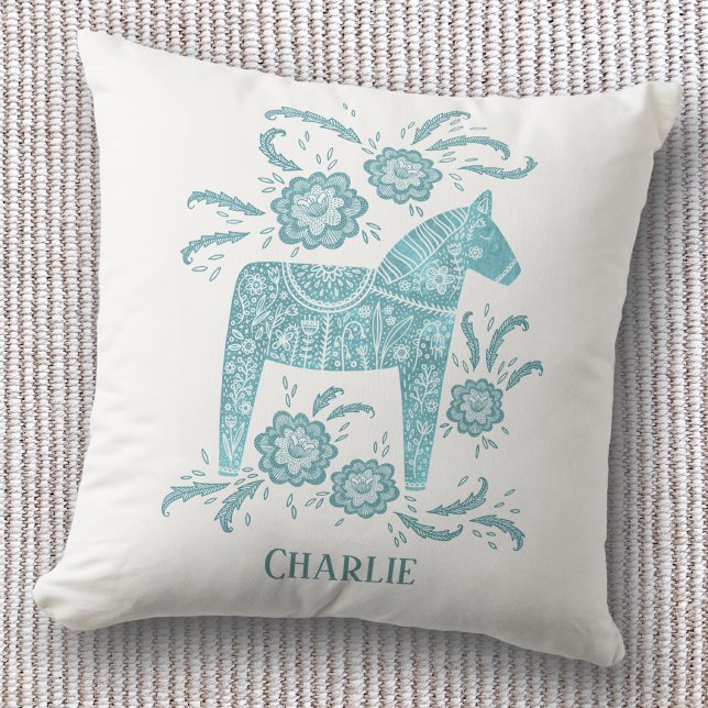 Zweedse Dala-paardkunst Teal Aangepaste naam Kussen (Personalized custom name Swedish Dala horse Scandinavian throw pillow)