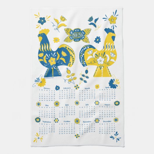 Zweedse Dala Rooster 2026 Kalender Theedoek (Verticaal)