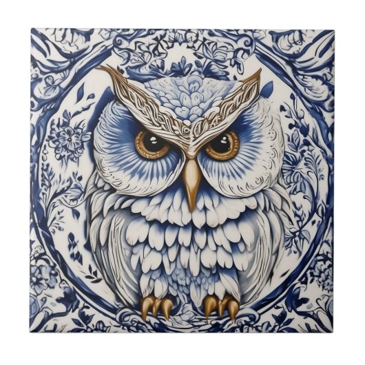 Zweedse dala uil blauw en wit nouveau tegeltje (Voorkant)