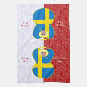 Zweedse engelenvlag op rood en wit gepersonaliseer theedoek