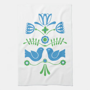 Zweedse Folk Art Blue Birds en Flowers Theedoek