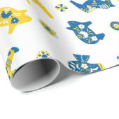 Zweedse Folk Dala Farm Animals l Blue and Yellow Cadeaupapier (Rol Hoek)