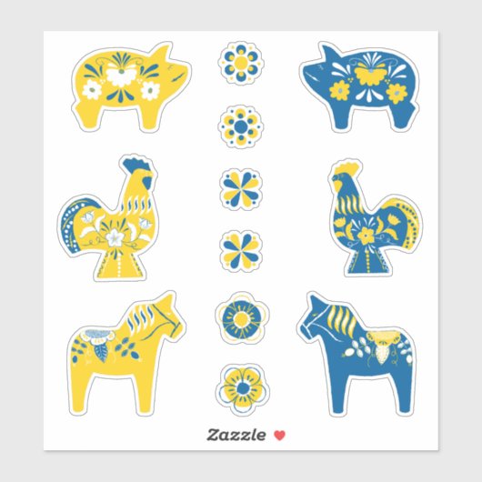 Zweedse Folk Dala Farm Animals l Blue and Yellow Sticker (Vel)