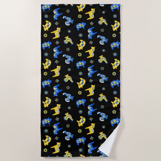 Zweedse Folk Dala Farm Animals l Blue and Yellow Strandlaken (Voorkant)