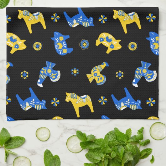 Zweedse Folk Dala Farm Animals l Blue and Yellow Theedoek (Gevouwen)