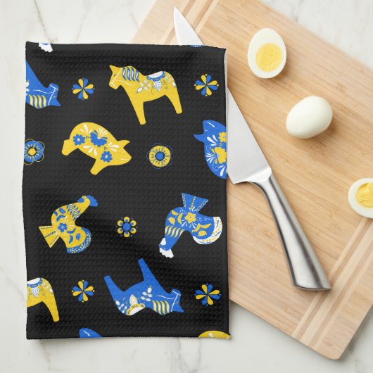 Zweedse Folk Dala Farm Animals l Blue and Yellow Theedoek (Quarter Fold)