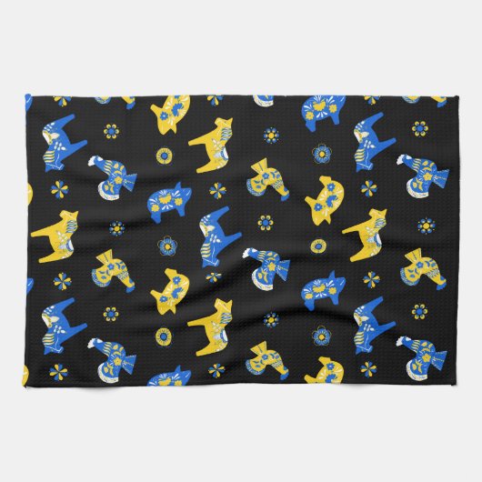 Zweedse Folk Dala Farm Animals l Blue and Yellow Theedoek (Horizontaal)