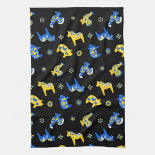 Zweedse Folk Dala Farm Animals l Blue and Yellow Theedoek