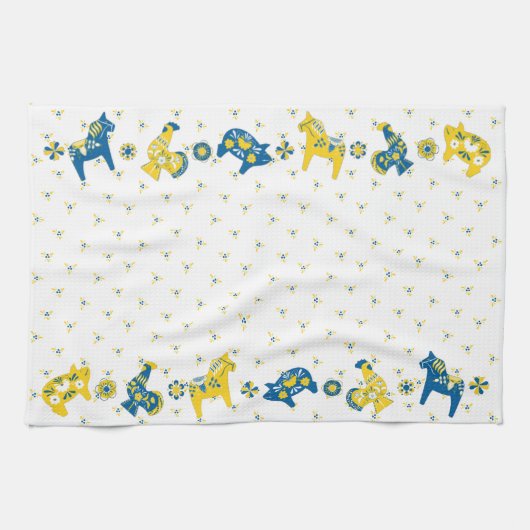 Zweedse Folk Dala Farm Animals l Blue and Yellow Theedoek (Horizontaal)